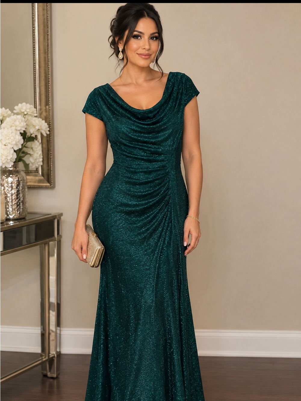 Adrianna Papell Emerald Green Cowl Neck Maxi Dress